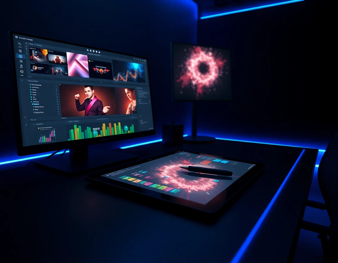 Professional motion design workstation with pen display tablet, dual monitors and electric blue studio lighting