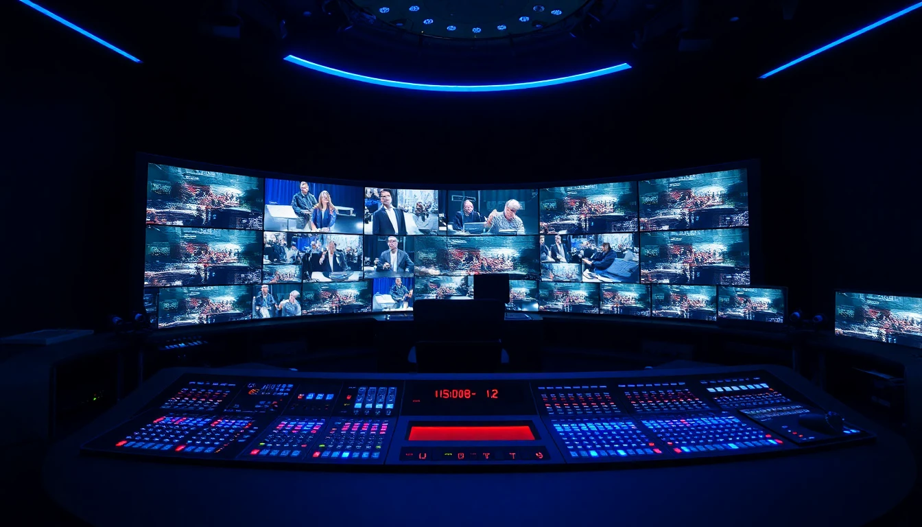 Professional broadcast control room with curved monitor wall and vision mixer console lit in electric blue