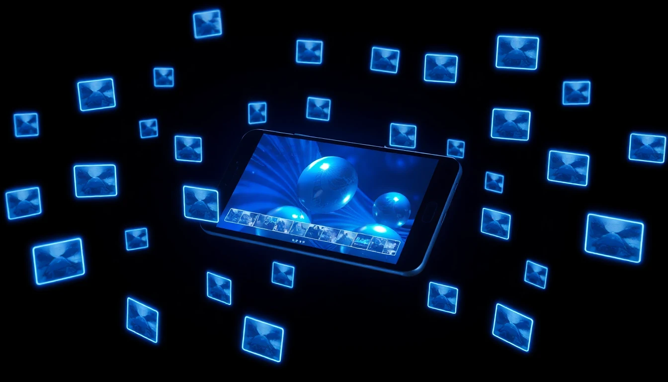 Smartphone playing video content surrounded by floating blue-glowing tile thumbnails on a dark background