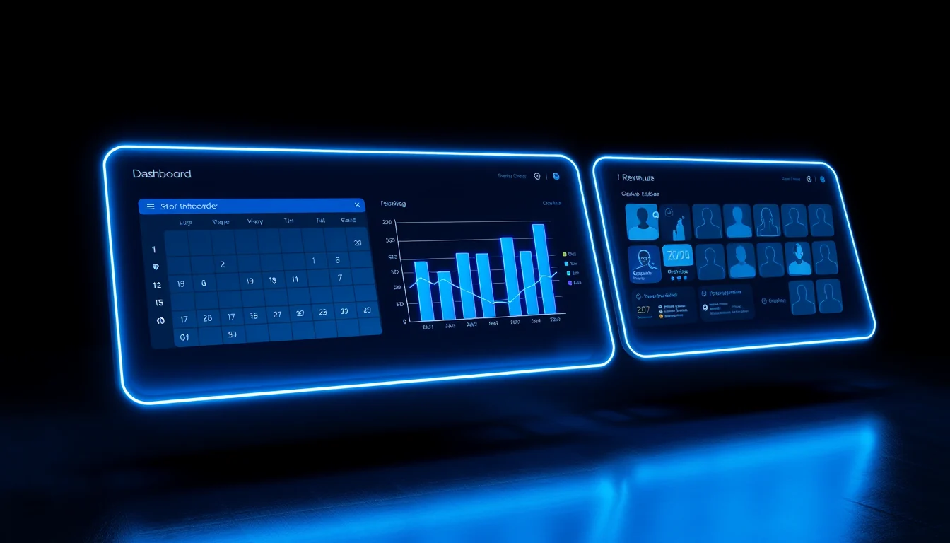 Glowing electric-blue software dashboard panels showing a booking calendar, revenue chart and member tiles, floating on a dark reflective surface