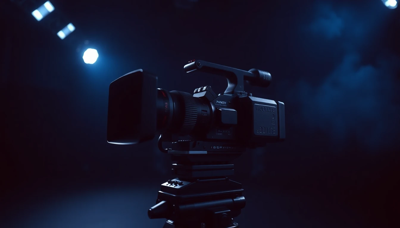 Cinematic professional film camera lit with dramatic blue rim lighting in a dark studio