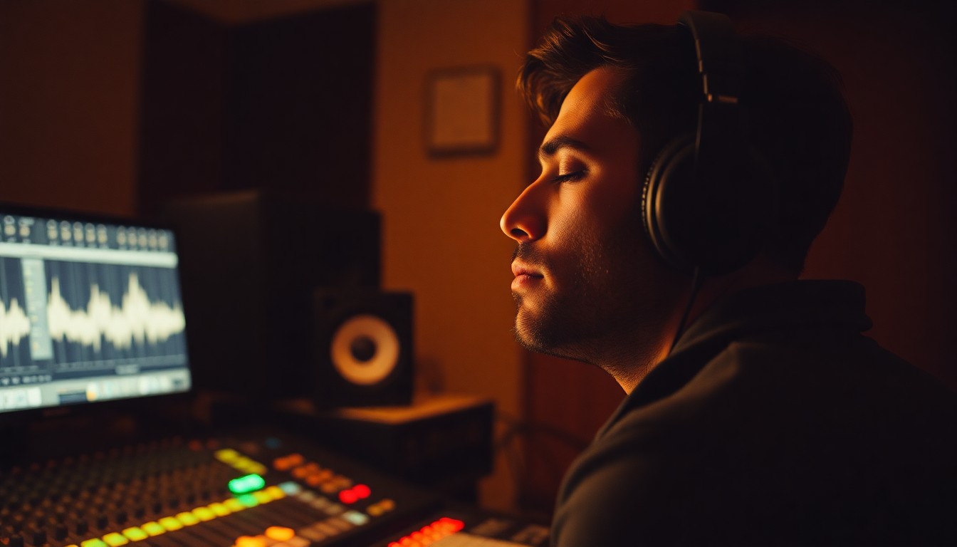 Music producer listening deeply to a track at the mixing console