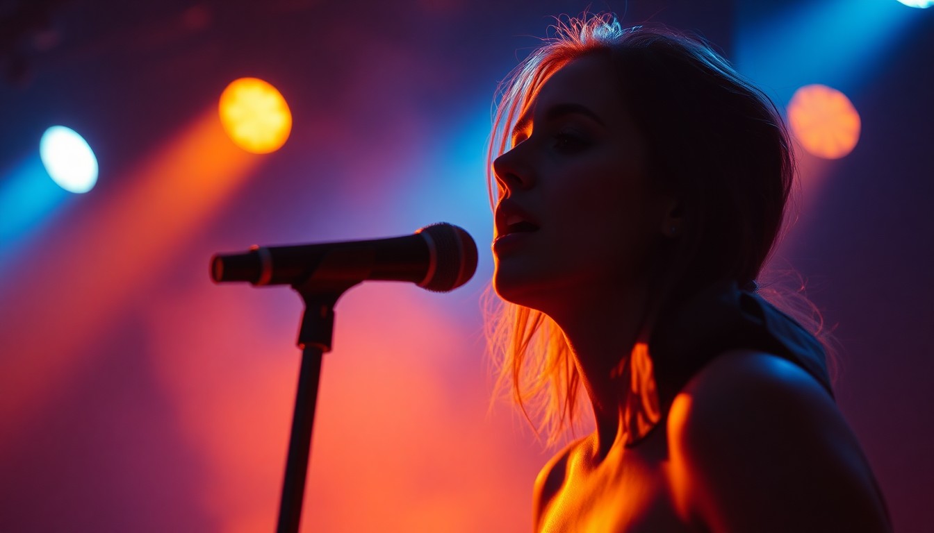 Music video performance scene with cinematic stage lighting