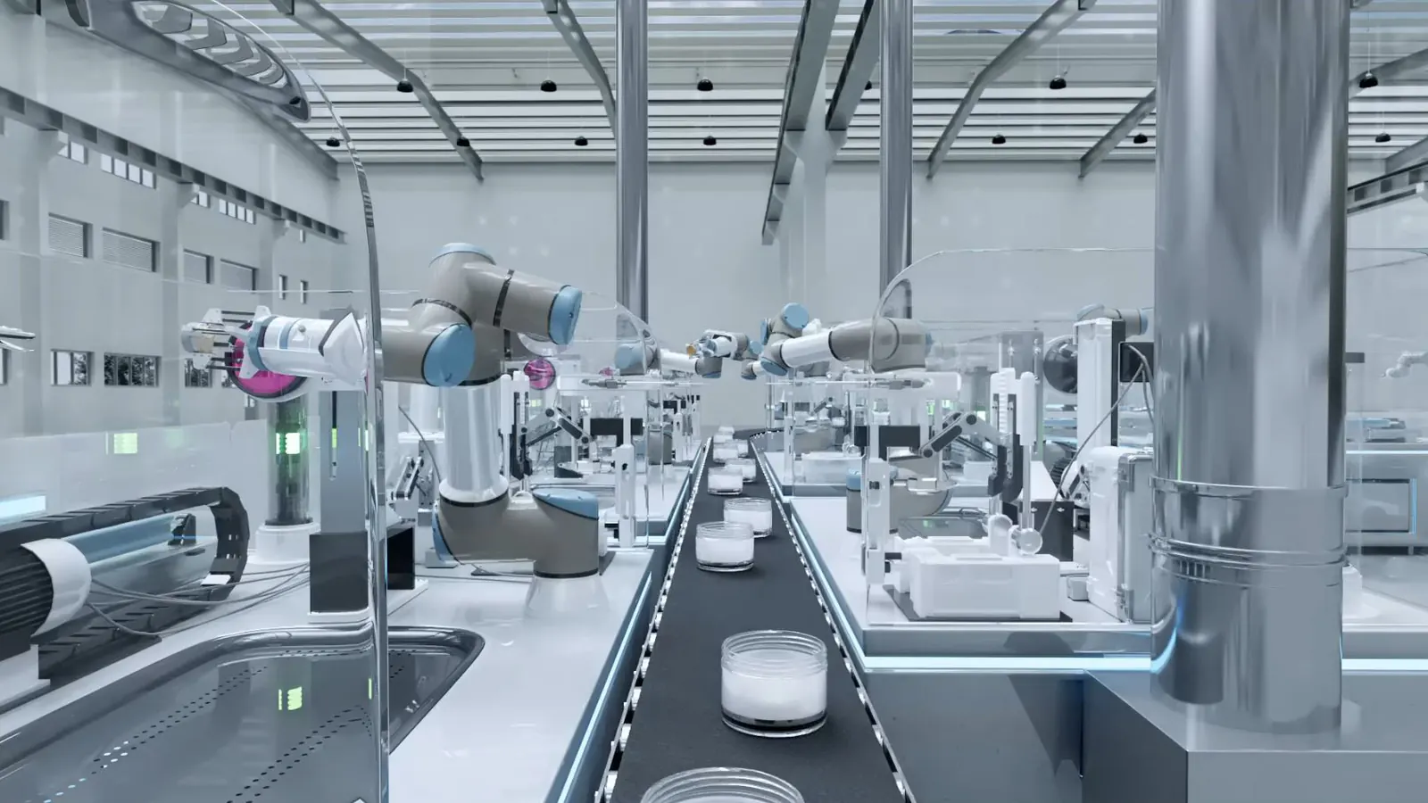 Photoreal 3D render of an automated production line