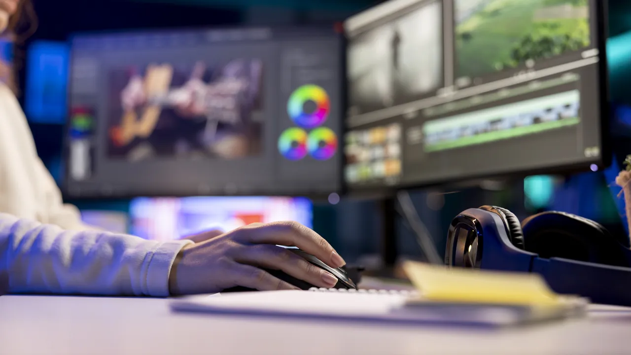 Editor working at a colour-grading workstation in deep blue light