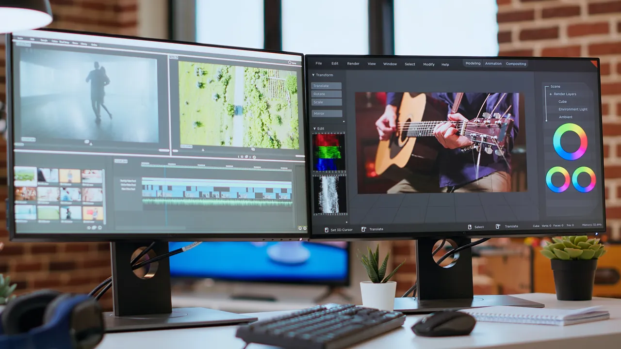 Dual-monitor editing desk with editing software and footage on screen