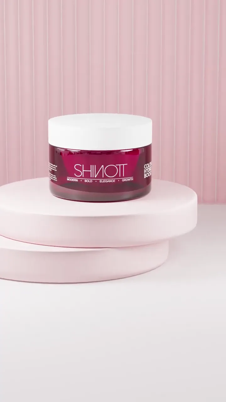 Shinott skincare jar on a pink pedestal set, still from a vertical product demo edited by Dustin Hill