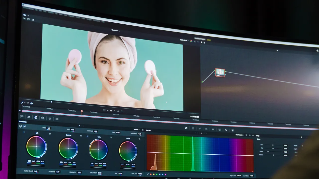 Colour-grading suite with scopes and colour wheels finishing a video
